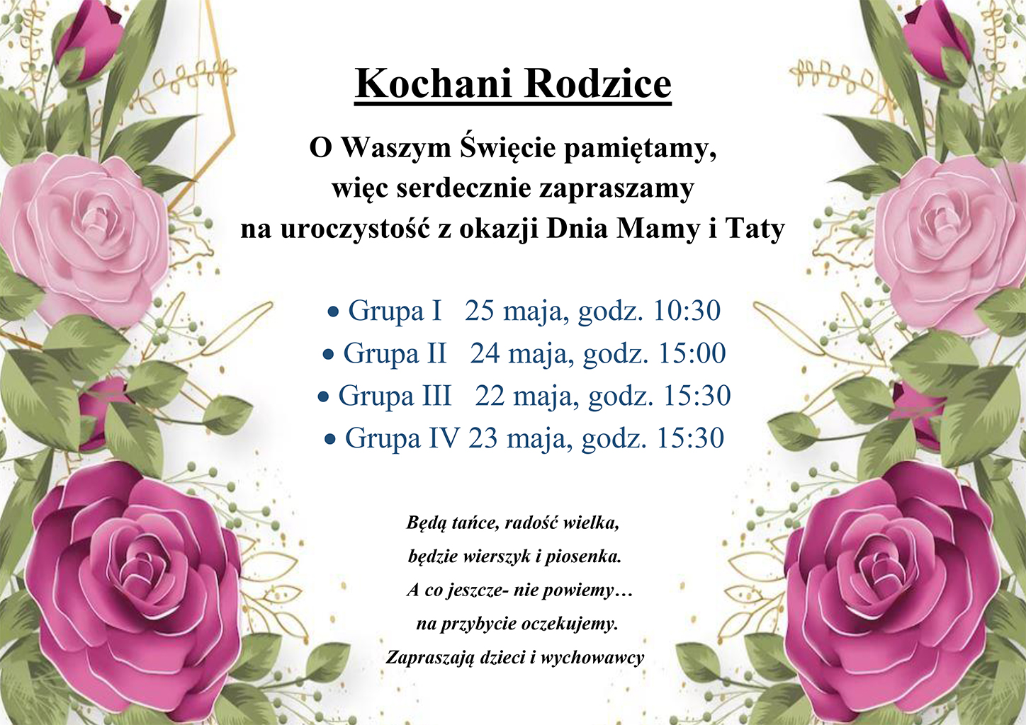 Zaproszenie na Dzień Mamy i Taty Przedszkole 164 w Warszawie